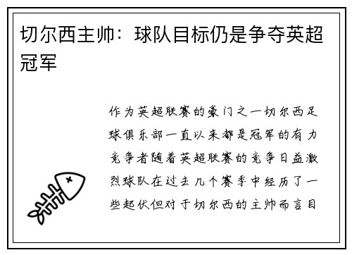 切尔西主帅：球队目标仍是争夺英超冠军