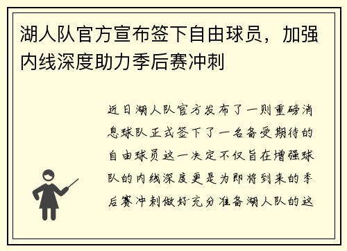 湖人队官方宣布签下自由球员，加强内线深度助力季后赛冲刺