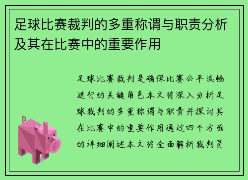 足球比赛裁判的多重称谓与职责分析及其在比赛中的重要作用