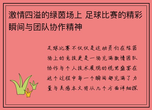 激情四溢的绿茵场上 足球比赛的精彩瞬间与团队协作精神