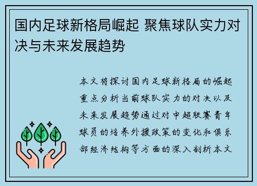 国内足球新格局崛起 聚焦球队实力对决与未来发展趋势