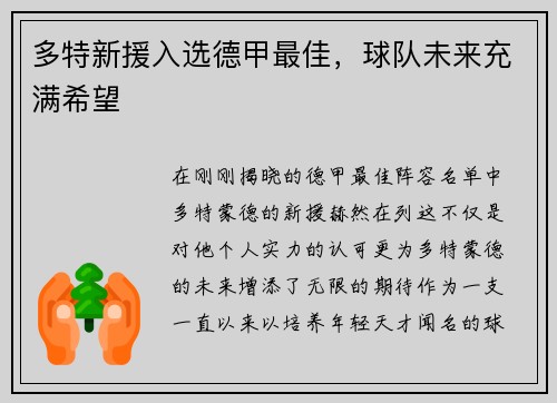 多特新援入选德甲最佳，球队未来充满希望