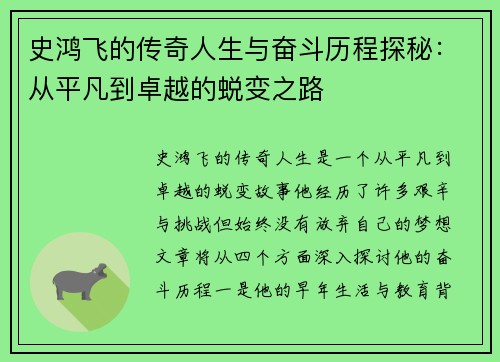 史鸿飞的传奇人生与奋斗历程探秘：从平凡到卓越的蜕变之路