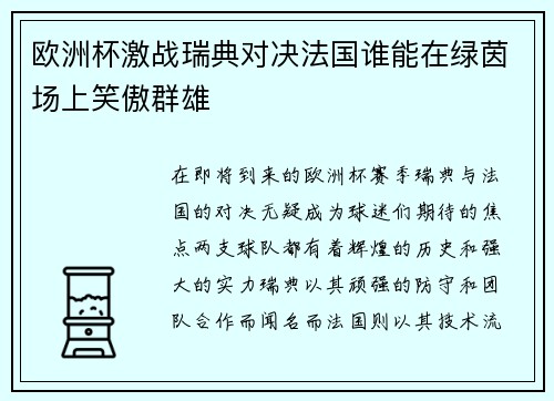 欧洲杯激战瑞典对决法国谁能在绿茵场上笑傲群雄