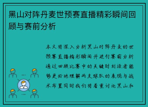 黑山对阵丹麦世预赛直播精彩瞬间回顾与赛前分析