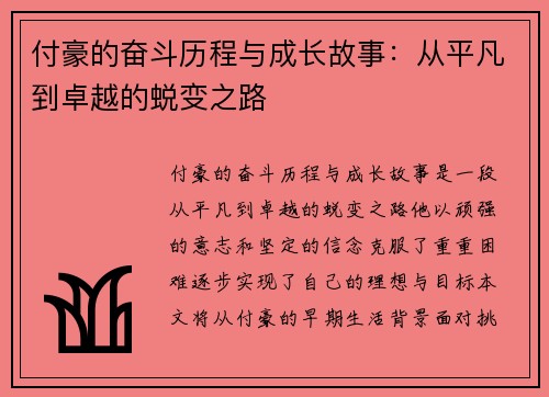 付豪的奋斗历程与成长故事：从平凡到卓越的蜕变之路