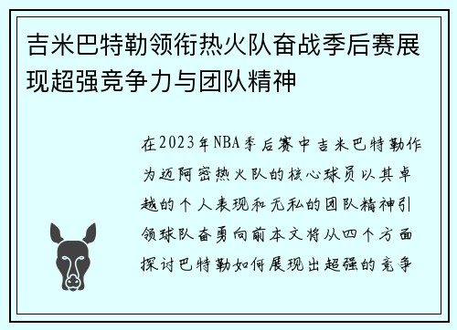吉米巴特勒领衔热火队奋战季后赛展现超强竞争力与团队精神