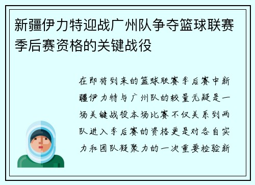 新疆伊力特迎战广州队争夺篮球联赛季后赛资格的关键战役