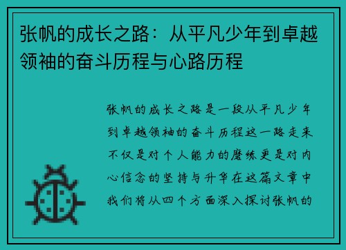 张帆的成长之路：从平凡少年到卓越领袖的奋斗历程与心路历程
