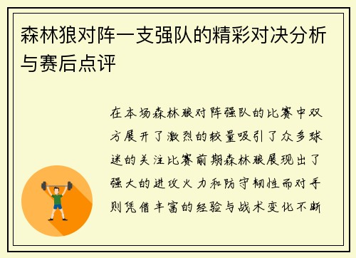 森林狼对阵一支强队的精彩对决分析与赛后点评