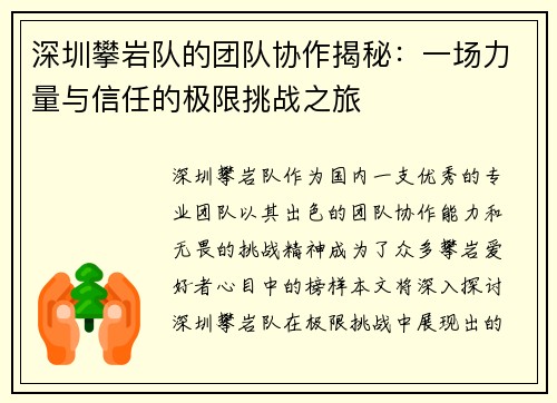 深圳攀岩队的团队协作揭秘：一场力量与信任的极限挑战之旅
